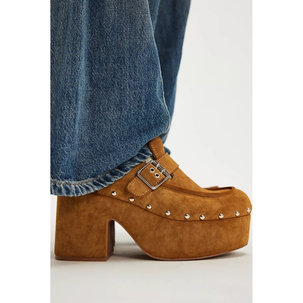 Free People Anya Clog Mules Women Platform Studded Buckle Tan Brown 8 Boho Retro